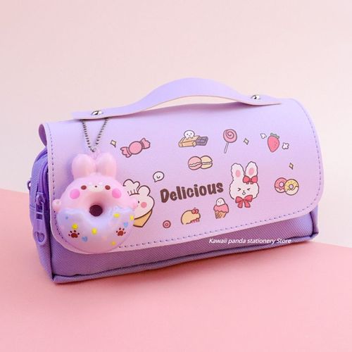 Étui À Crayons 3d Kawaii Avec 3 Couches,Ours Mignon,Cuir Imperméable,Évaluation Esthétique,Fournitures Scolaires,Papeterie - Type Donut-Purple