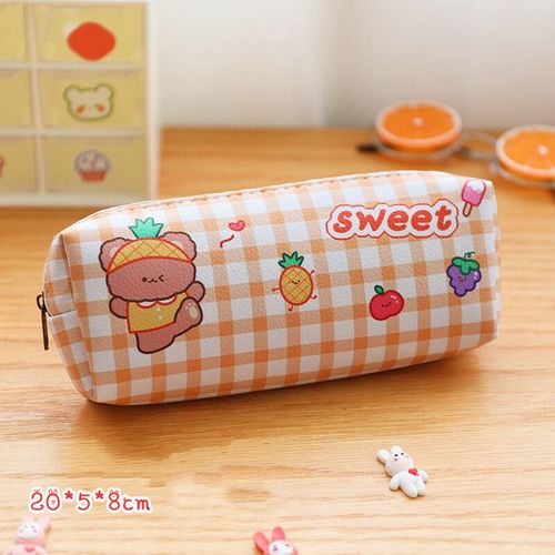 Trousse À Crayons En Cuir Pu Kawaii Pour Filles,Sacs À Crayons À Grille,École Coréenne,Fournitures Scolaires,Surintendant,Ours #B