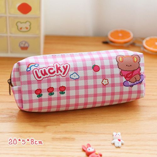 Trousse À Crayons En Cuir Pu Kawaii Pour Filles,Sacs À Crayons À Grille,École Coréenne,Fournitures Scolaires,Surintendant,Ours #D