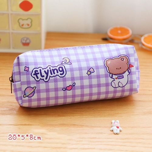 Trousse À Crayons En Cuir Pu Kawaii Pour Filles,Sacs À Crayons À Grille,École Coréenne,Fournitures Scolaires,Surintendant,Ours #C