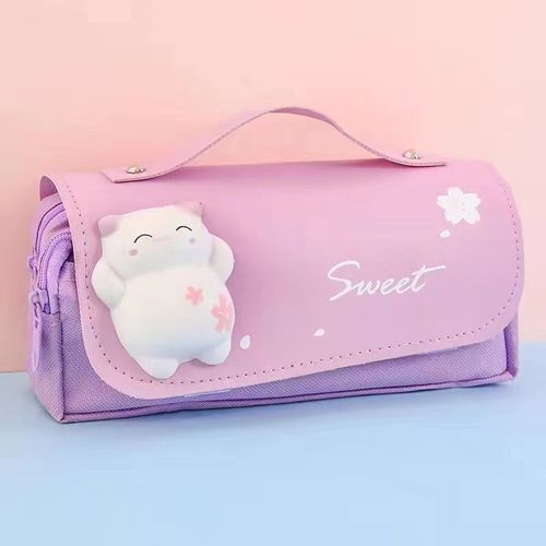 Étui À Crayons De Décompression Chat Kawaii,Grande Capacité,Boîte À Crayons,Sac À Double Couche,Boîte De Rangement Portable,Papeterie - Type Violet