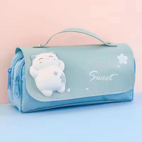 Étui À Crayons De Décompression Chat Kawaii,Grande Capacité,Boîte À Crayons,Sac À Double Couche,Boîte De Rangement Portable,Papeterie - Type Bleu