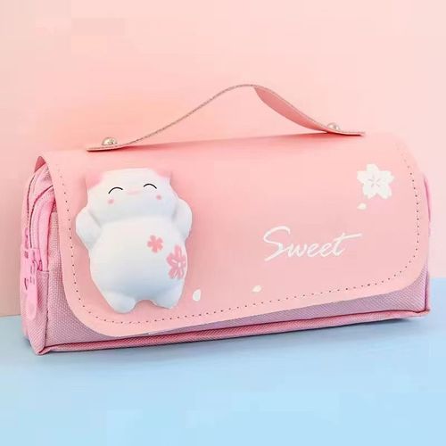 Étui À Crayons De Décompression Chat Kawaii,Grande Capacité,Boîte À Crayons,Sac À Double Couche,Boîte De Rangement Portable,Papeterie - Type Rose