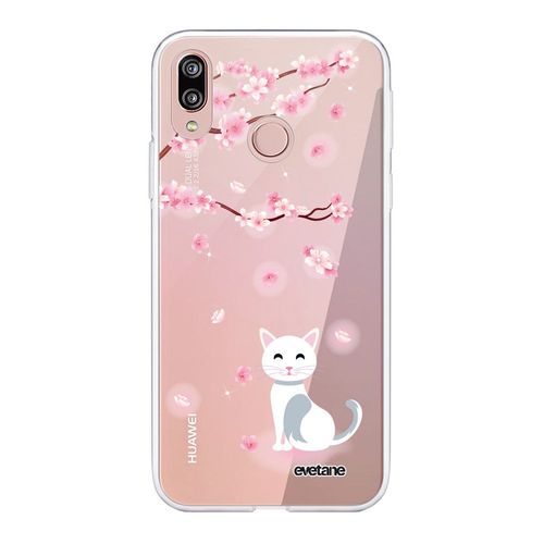 Coque Huawei P20 Lite Silicone Transparente Chat Et Fleurs Ultra Resistant Protection Housse Motif Ecriture Tendance Evetane