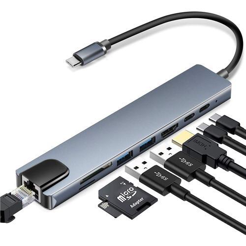 Hub USB-C 8 ports avec USB, UBC PD, HDMI, RJ45, carte mémoire Gris