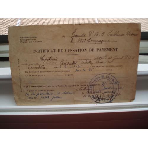 Certificat De Cession De Payement De 1941.