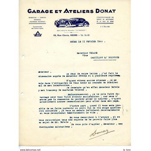 Belle Facture Lettre Commerciale Garage Et Ateliers Donat A Reims 1944 Voiture
