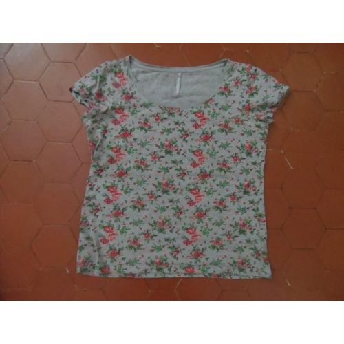 Tee-Shirt Jersey Gris Imprimé Roses Blanche Porte