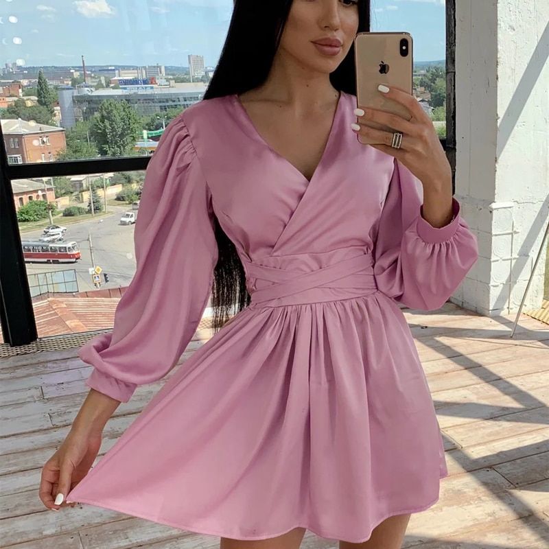 Mini robe en Satin pour femmes Sexy d collet en v profond