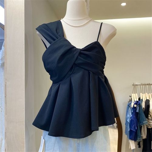 Débardeur D'été Pour Femmes,Mode,Noir,Tunique,Camis,Style Preppy Coréen,Sexy,Court,Plis En Y,Irrégulier,Gla27u492,2024