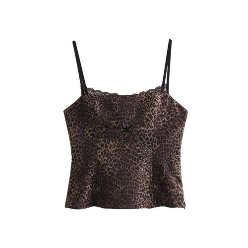 Aonibeier-Haut Court En Satin Fin Imprimé Léopard Pour Femme,Camisole,Dos Nu,Dentelle,Patchwork,N?ud,Slim,Débardeur,Y2k,Été