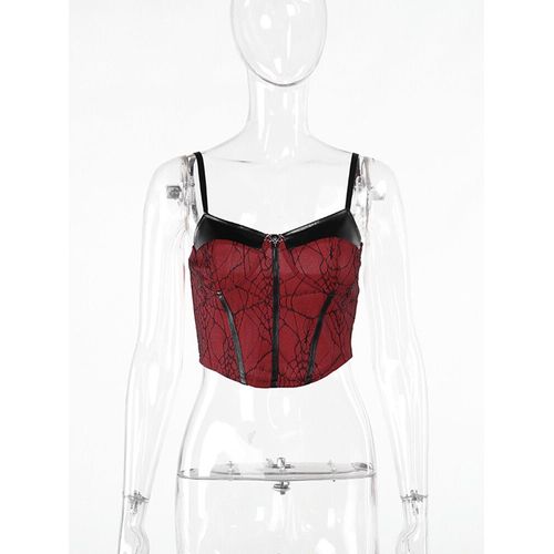 Insgoth-Haut Court Gothique En Cuir Épissé Pour Femme,Caraco À Bretelles Spaghetti,Haut Dos Nu,Tenue De Vêtements Esthétiques Harajuku