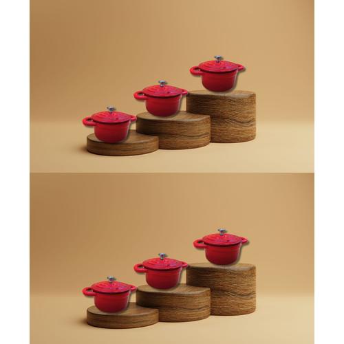 Lot De 6 Mini Cocotte En Fonte Émaillée Rouge Avec Couvercle 17,5 X 12 X 9,5 Cm