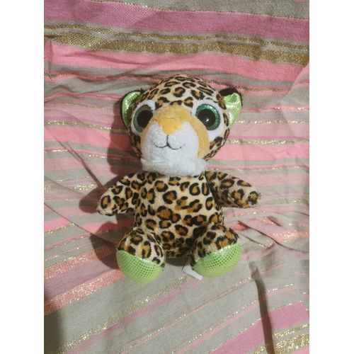 Peluche Doudou Léopard Beige Marron Tâches Gros Yeux Pattes Oreilles Vert Brillant Bazooka