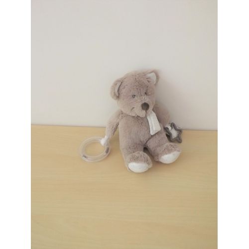 Doudou Ours Beige Blanc Étoiles Anneau Pommette