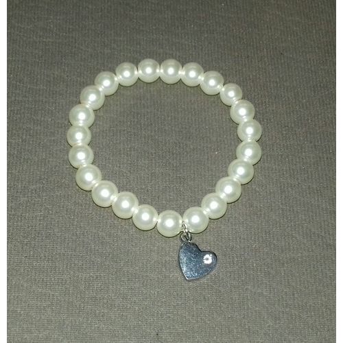 Bracelet De Perles Blanches Et Coeur Serti D'un Strass