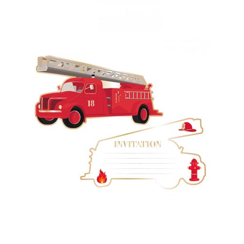 8 Cartes D'invitation Camion De Pompier 17 X 9,5 Cm