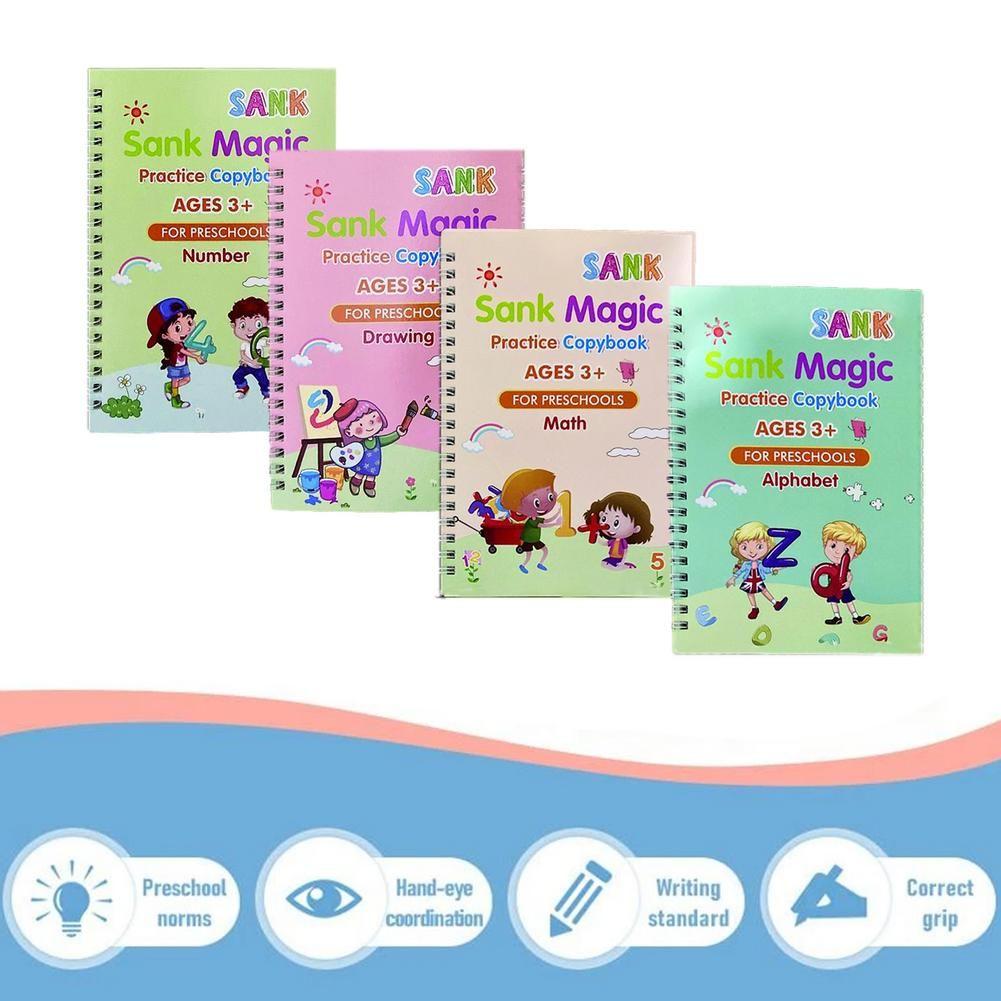 Generic 4 Livres Cahier Réutilisable d'apprentissage d'exercices d'écriture  pour enfant (sank magique)