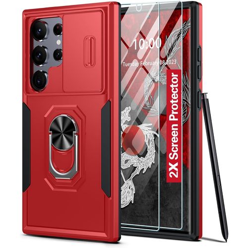 Coque Pour Samsung Galaxy S24 Ultra,Coque S24 Ultra Avec Cache Caméra & 2 Protections D'écran,Antichoc Antichute,Pour Samsung S24 Ultra 5g 6.8'' -Rouge