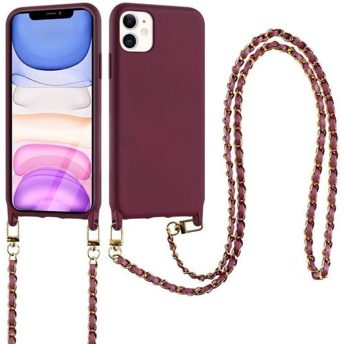 Coque Pour Apple Iphone 11 6,1"" Avec Cordon De Collier, Rouge Housse Corde Téléphone Étui Portable Lanyard Case, Antichoc Silicone Bumper Protection Cover, Red