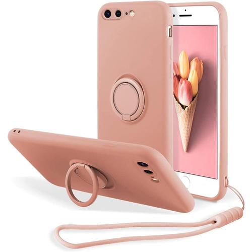 Silicone Coque Avec Ring Pour Iphone 7 Plus/Iphone 8 Plus, Etui Fin Et Léger Absorption Des Chocs Housse Mince Avec Bague 360 Degrés Rotation Stand Protection Cover Bumper Case - Rose