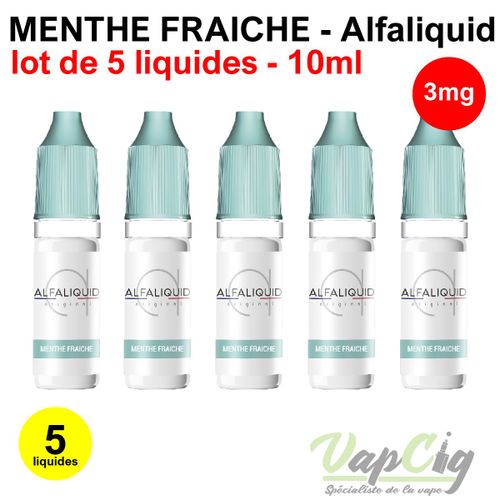 E-liquid menthe fraiche en 3 mg lot de 5 liquides ALFALIQUID