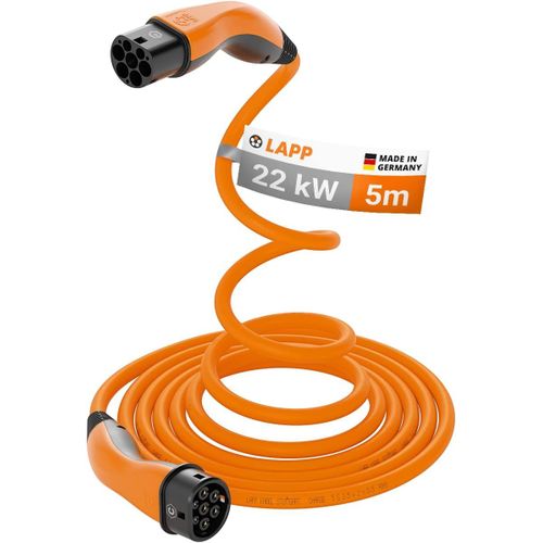 Lapp Mobility Flex : Câble De Recharge Voiture Électrique Type 2 / 5 M / 22 Kw / 32 A / Triphasé / Mode 3 / 440 V / Orange
