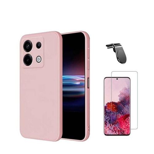 Kit Verre Trempé Clearglass + Housse En Silicone Liquide + Support Magnétique L Safe Driving Phonecare Compatible Avec Xiaomi Redmi Note 13 Pro 4g - Rose