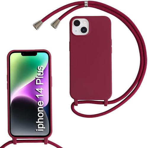 Coque Pour Iphone 14 Plus,Collier Pour Étui Colliers De Cellulaire Corde Silicone Avec Cordon Case Tpu Bumper,Mince Antichoc Réglable Lanyard Case, Rouge