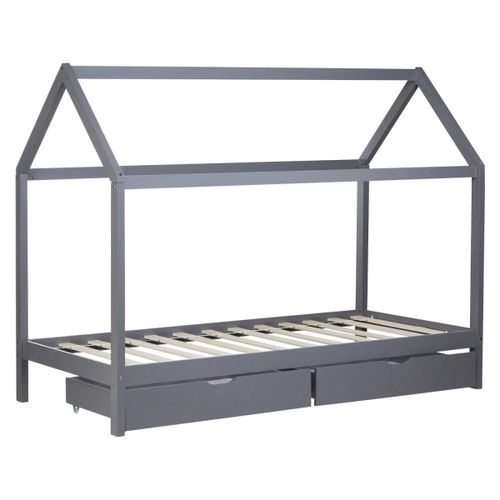 Lit Enfant Cabane Gris 90x200 Avec 2 Tiroirs
