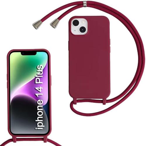 Coque Pour Iphone 14 Plus,Collier Pour Étui Colliers De Cellulaire Corde Silicone Avec Cordon Antichoc Réglable Case Tpu Bumper Iphone 14 Plus Rouge