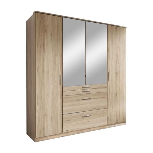 Aachen Armoire 4 Portes Miroir 4 Tiroirs - Aspect Chene San Remo - L 180 X P 58 X H 198 Cm