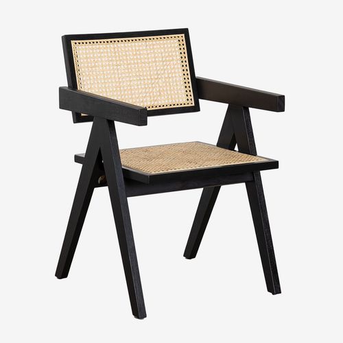 Pack De 4 Chaises De Salle À Manger Avec Accoudoirs En Bois De Frêne Et Rotin Lali Noir Uni