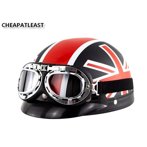 Casque Moto "Bol" Drapeau Anglais Union Jack Britannique Style Cafe Racer Cromwell Vintage Cosplay Mod's Uk Retro Scooter Vespa British Biker + Lunettes Type Pilote Bombardier Aviateur -