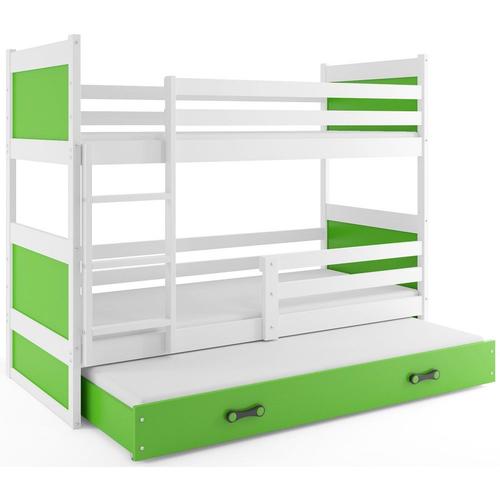 Lit Superposé Rico 3 Places 190x90 Avec 3 Matelas De Mousse 7cm Et Sommiers En Blanc+Vert