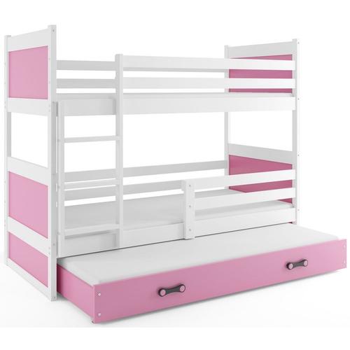 Lit Superposé Rico 3 Places 160x80 Avec 3 Matelas De Mousse 7cm Et Sommiers En Blanc+Rose