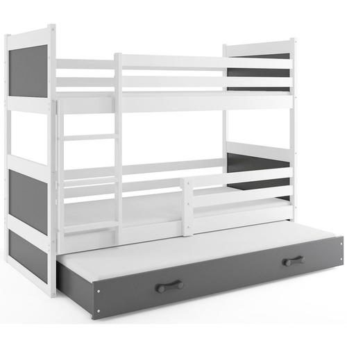 Lit Superposé Rico 3 Places 200x90 Avec 3 Matelas De Mousse 7cm Et Sommiers En Blanc+Gris