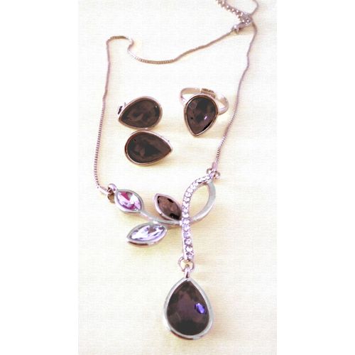 Améthyste : Pendentif Sur Chaine + Bague + Boucle Oreille