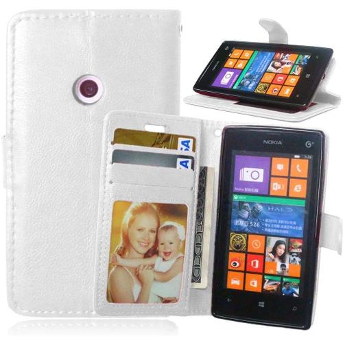 Coque En Pu Nokia Microsoft Lumia 520, Etui Portefeuille En Cuir Artificiel Haute Qualite Fonction Support, Fonction Fente Carte -Blanc