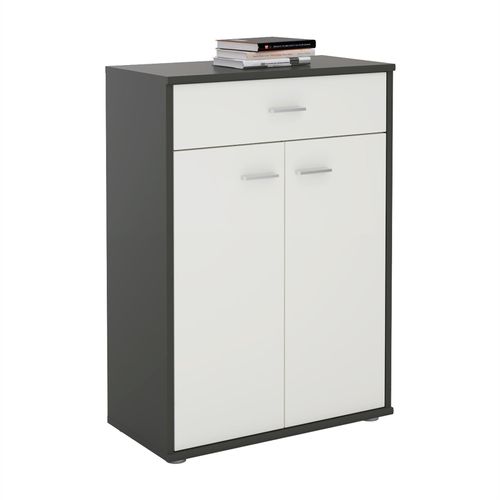 Buffet Calais, Commode Meuble De Rangement Avec 1 Tiroir Et 2 Portes, En Mélaminé Gris Mat Et Blanc Mat