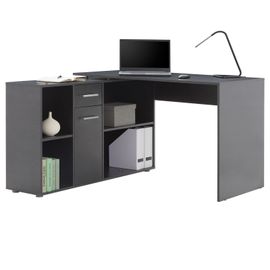 Bureau D'angle Carmen Table Avec Meuble De Rangement Intégré Et Modulable 4 Étagères 1 Porte Et 1 Tiroir, Décor Béton Foncé