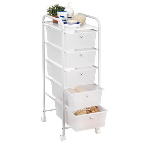 Caisson Sur Roulettes Gina Chariot Avec 5 Tiroirs En Plastique Blanc Transparent Et 1 Étagère, Rangement Salle De Bain Métal Blanc