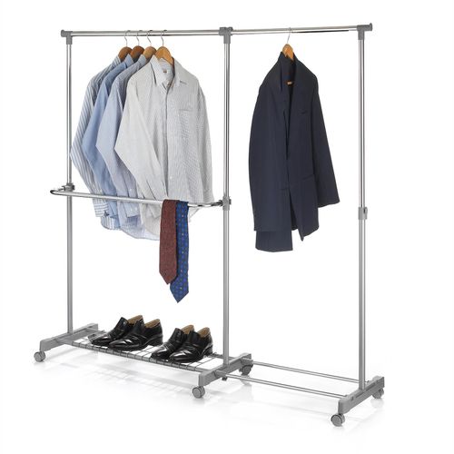 Portant À Vêtements London Penderie Sur Roulettes Rangement Vestiaire Mobile Hauteur Et Longueur Réglables, Avec 1 Tablette, Chromé