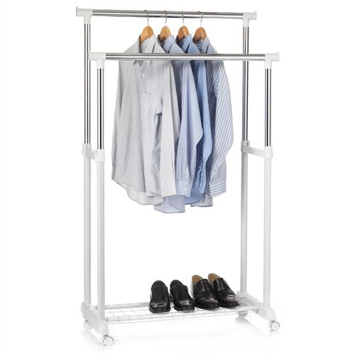 Portant À Vêtements Grosso Penderie Double Sur Roulettes Vestiaire Mobile Barres De Hauteur Réglable Et 1 Tablette, Chromé Et Blanc