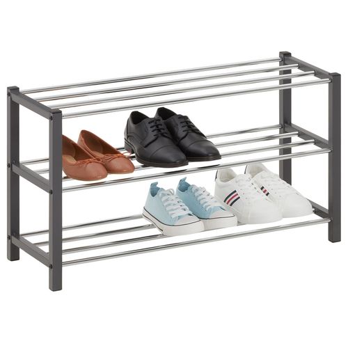 Étagère À Chaussures Dublin Rangement Porte-Chaussures Avec 3 Niveaux Pour 12 Paires En Métal Chromé Et Laqué Gris
