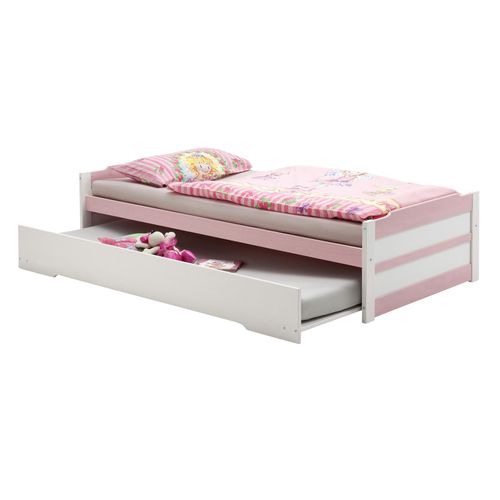 Lit Gigogne Lorena Enfant 1 Place Tiroir Lit Fonctionnel 90 X 200 Cm Pin Massif Lasur? Blanc Et Rose