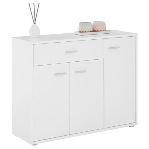 Buffet Coraline, Commode Meuble De Rangement Avec 1 Tiroir Et 3 Portes, En Mélaminé Blanc Mat