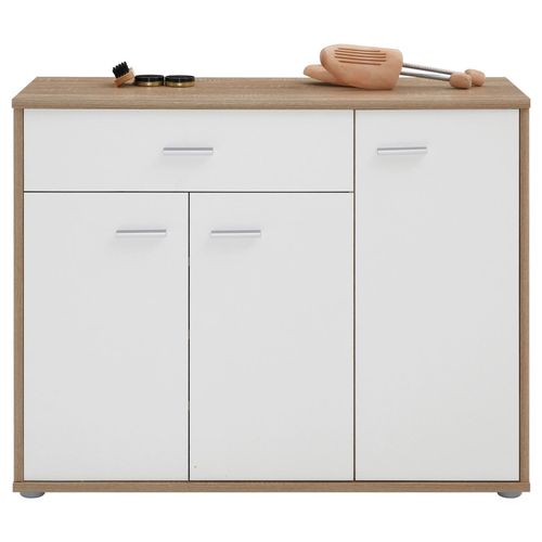 Meuble À Chaussures Camille, Commode Meuble De Rangement Avec 1 Tiroir Et 3 Portes, En Mélaminé Décor Chêne Sonoma Et Blanc Mat