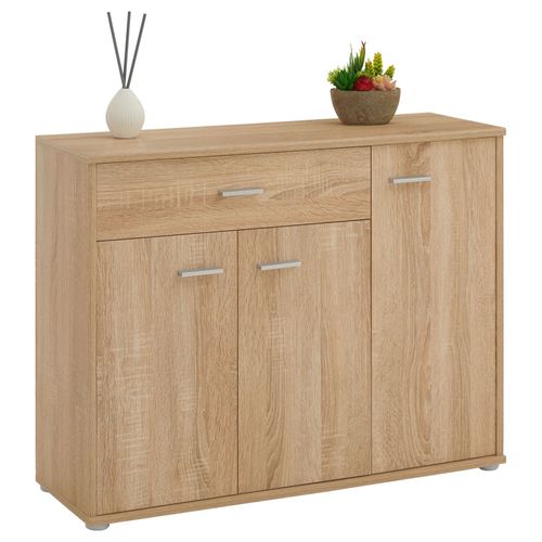 Buffet Coraline, Commode Meuble De Rangement Avec 1 Tiroir Et 3 Portes, En Mélaminé Décor Chêne Sonoma