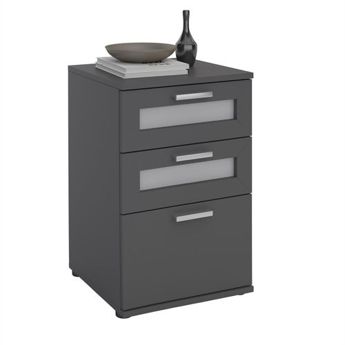 Table De Chevet Jessy, Table De Nuit Hauteur 60 Cm Avec 3 Tiroirs 2 Inserts Vitrés, Pour Lit Boxspring, En Mélaminé Gris Mat